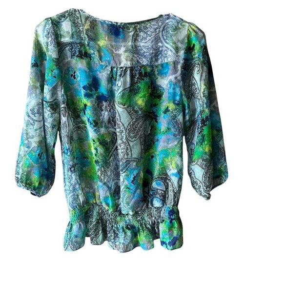 COPPER KEY Blouse Sz S Tropical Floral Greens 3/4 Sleeve Sheer Top Elastic Waist - Picture 2 of 6